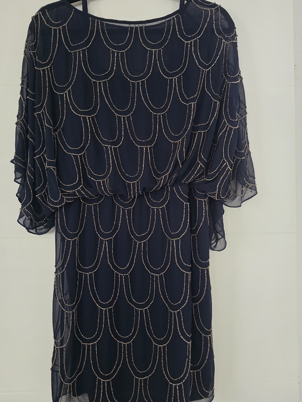 JS Collections Beaded Dress Size4 Navy Blue Cocktail Party Scallop Sheer Chiffon
